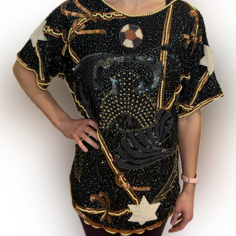 Vintage Womens Beaded 100% Silk Made In India Stars Sequins Swiftie shirt top